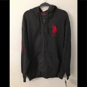 US Polo Assn dark grey heavy fleece hooded jacket red polo logo mens size large